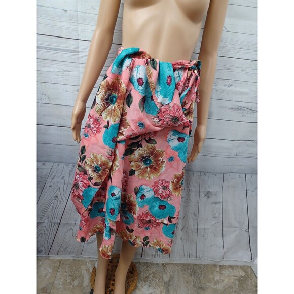 Wrap Skirt Reversible Women Floral Coral Blue Silk Blend Sz M - Picture 5 of 10